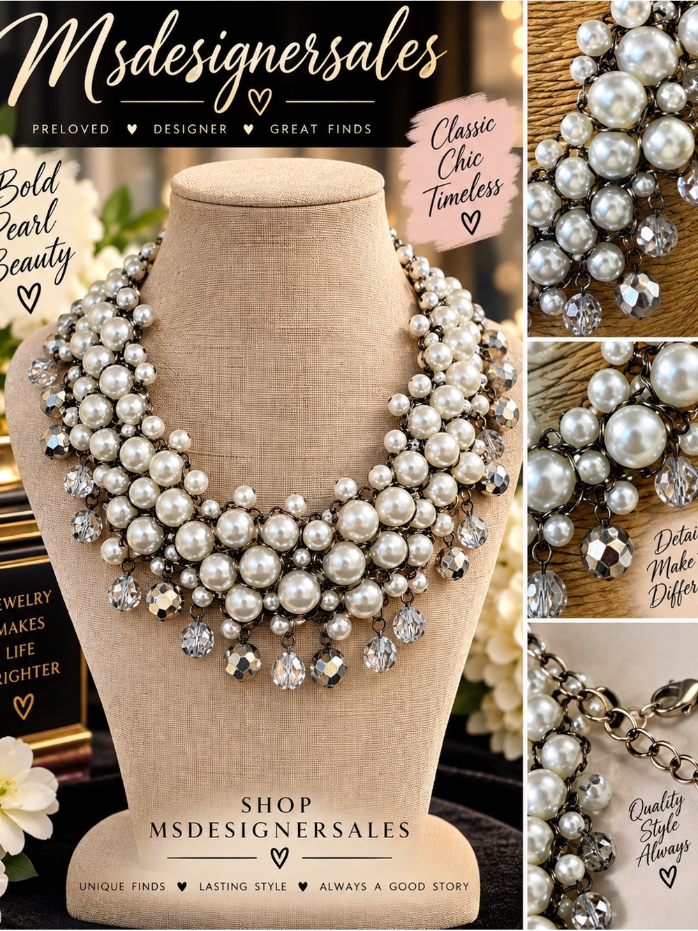 Pearl Cluster Statement Necklace in White and Gold